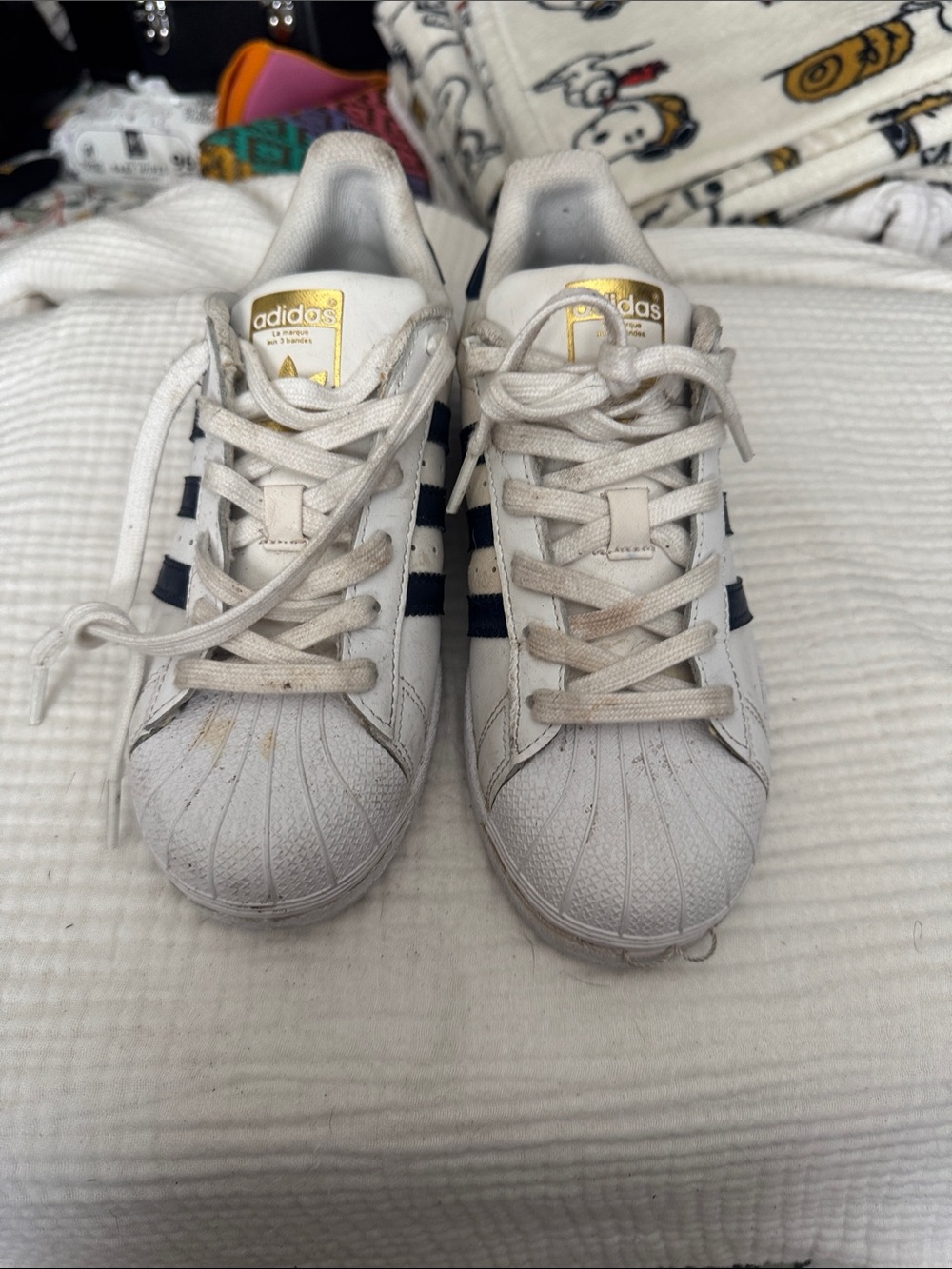 adidas Kids White Sneakers with Navy Stripes and Gold Logo